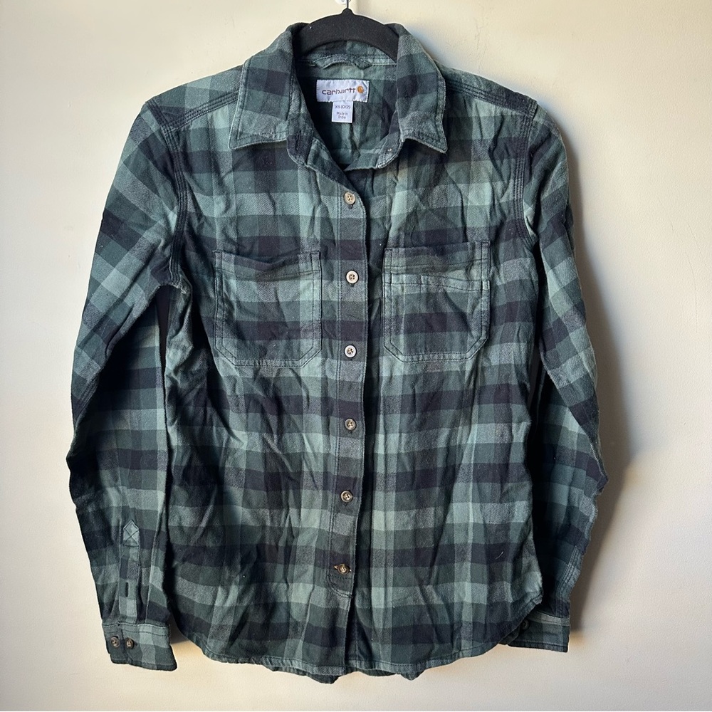 Carhartt Womens Size 0/2 Long Sleeve Button Shirt Dress Plaid Work Green
